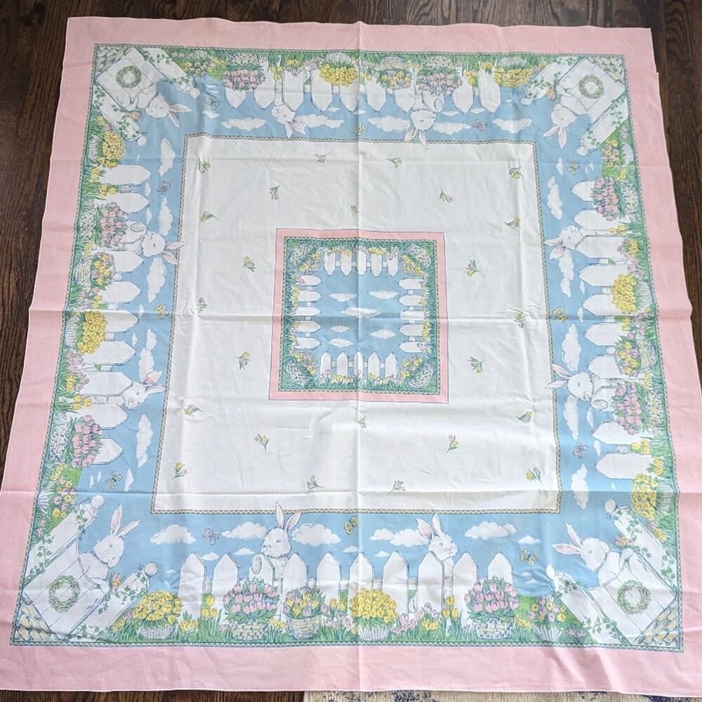 Vintage Easter Tablecloth 50" Square Rabbit Bunny Cotton